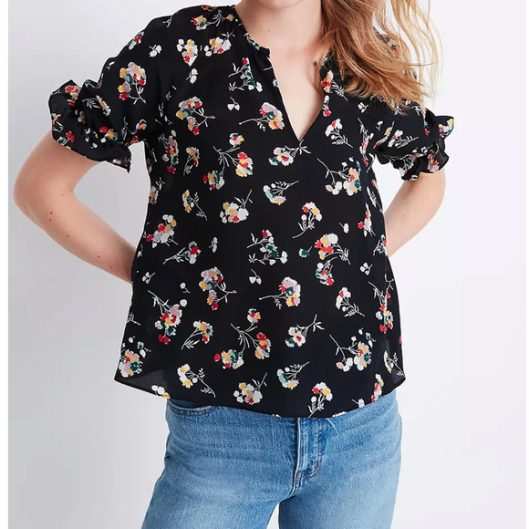 Madewell Tops - NEW ~ NWT~ Madewell Silk Notched Ruffle-Cuff Top Carnation Toss ~XXL